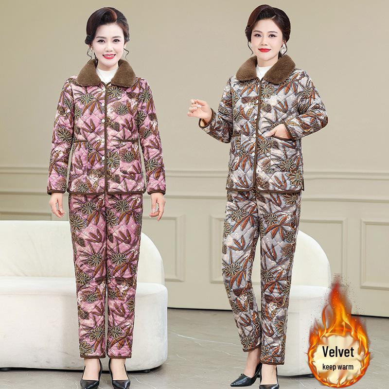 Velvet-Lined Winter Cotton Coat & Pants Set for Moms