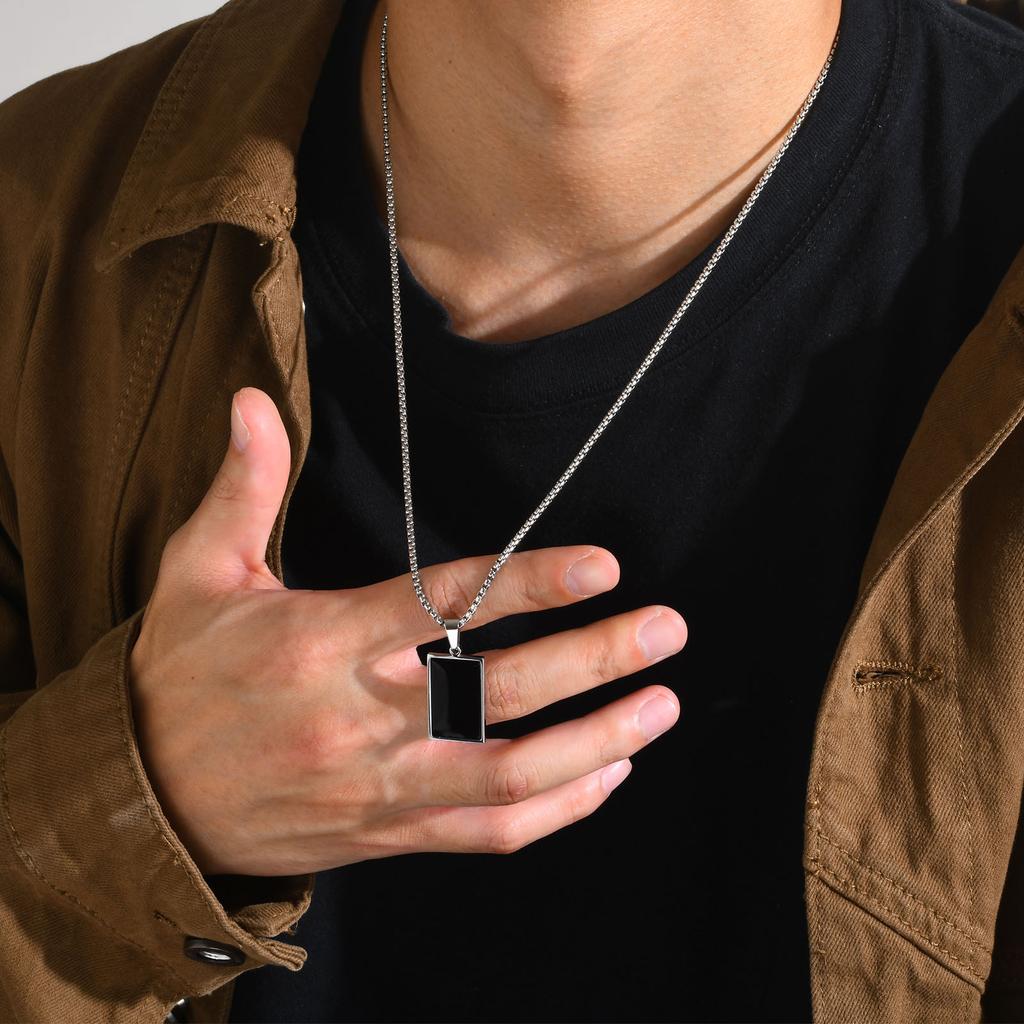Men's Stylish Black Square Necklaces, Waterproof Stainless Steel Geometric Pendant Neck Collar Male Gift Jewelry