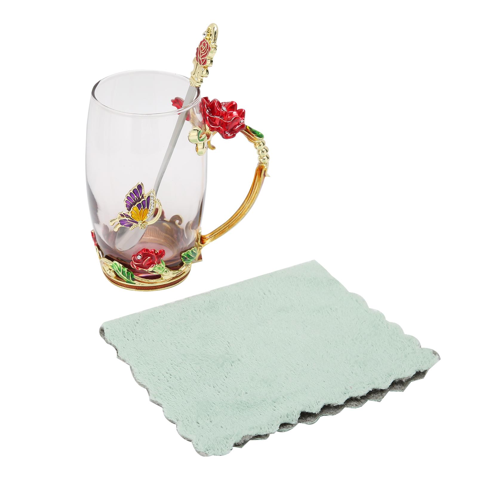 

Flower Tea Cup Enamel Craft Coffee Mug Heat Resistant with Spoon Cloth for Birthday FestivalRed Rose 350ml