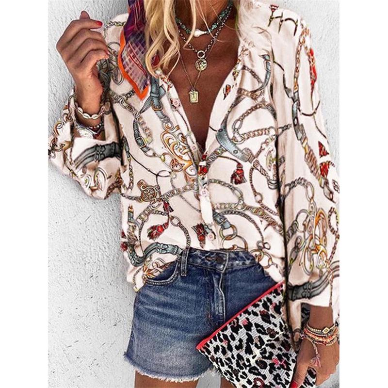 Women's Autumn/Winter Multi-Color Chain Print Stand Collar Long Sleeve Shirt