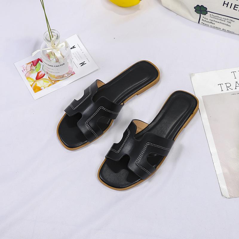 Solid Color One-word Slippers Spring and Summer Outer Wear Ins Beach Non-slip Cool Slippers Large Size