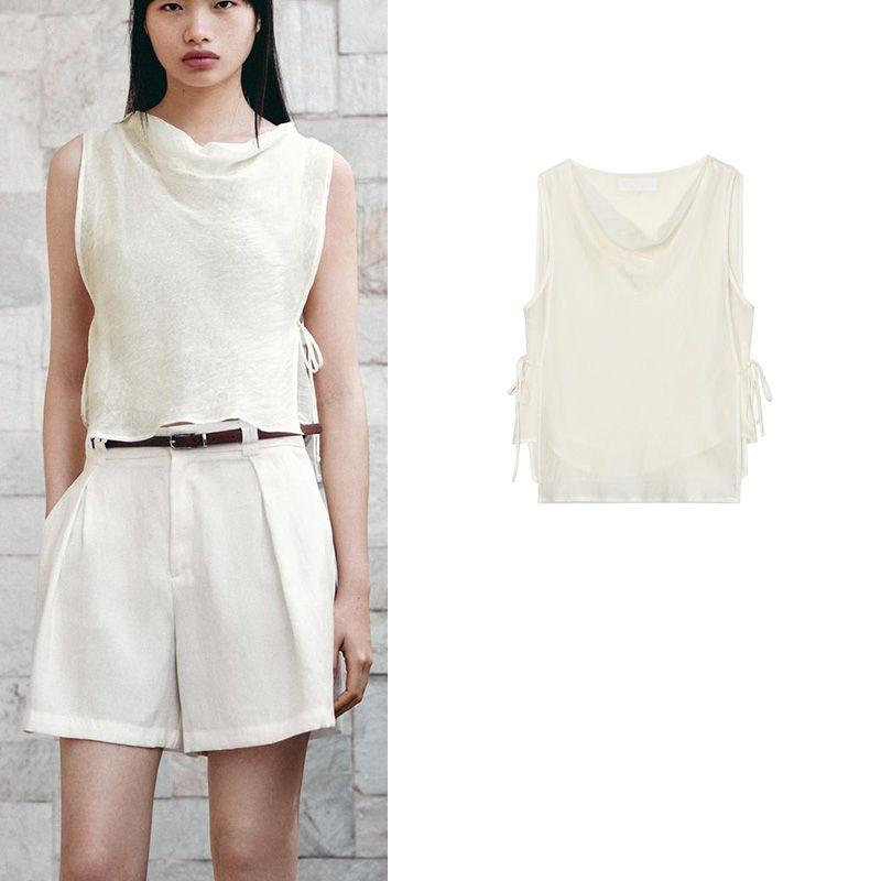Summer New Product Women's Clothes Bowknot Decoration Wrinkle Effect Draped Collar Sleeveless Short Shirt Tops 3666801