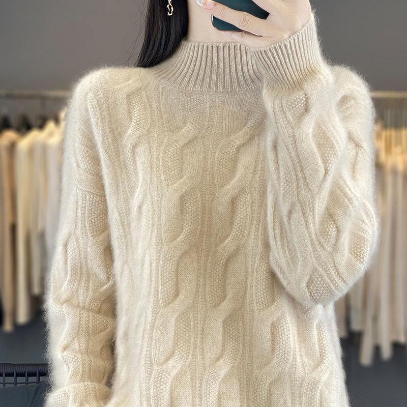 Women’s 100% Pure Wool Cable Knit Sweater - Half-High Neck, Loose Fit, Winter Pullover