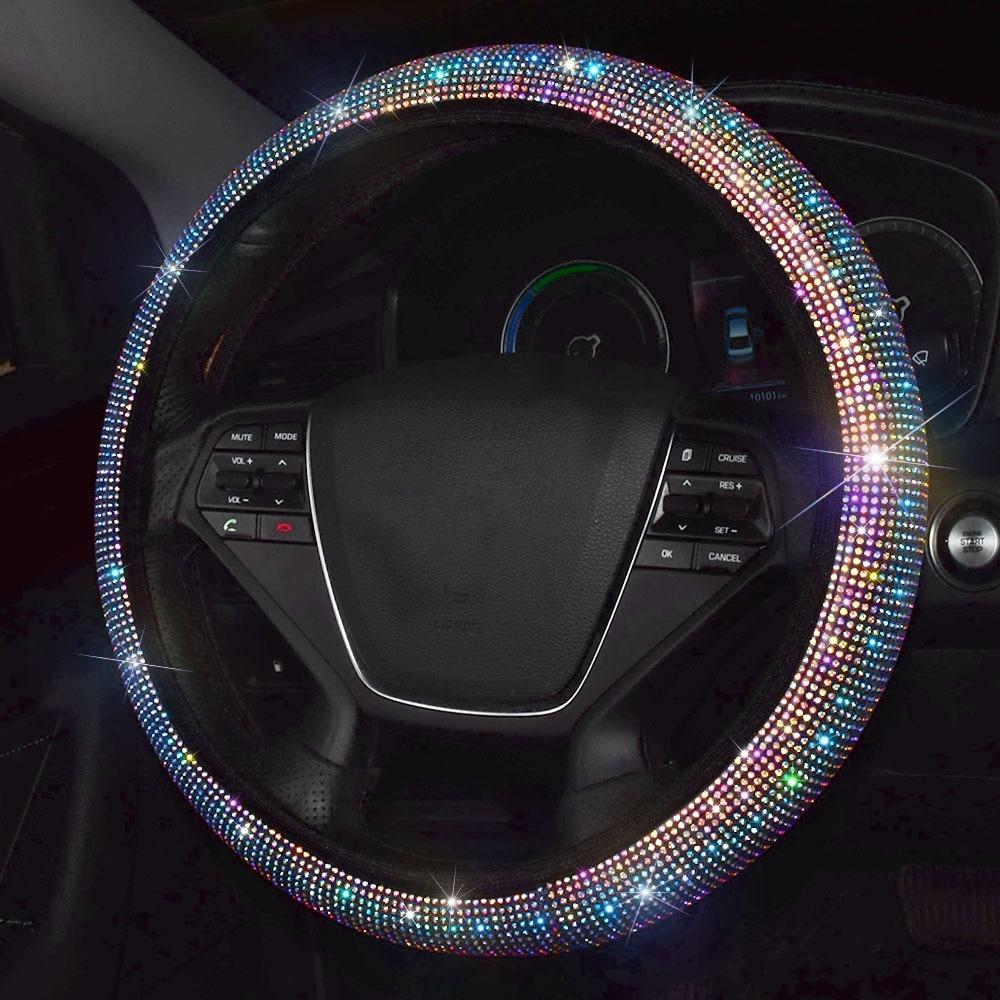 38cm Bling Rhinestones Steering Wheel Cover for Women Girl with Crystal Diamond Sparkling Car SUV Breathable Anti-Slip Universal Steering Wheel Covers