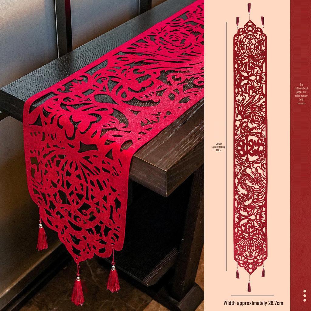 Chinese Wedding Table Runner with Tassels - Dragon & Phoenix Design