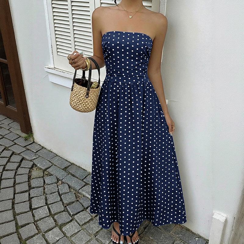 Cross2026 Strapless Long Polka Dot Dress - European & American Style, Sleeveless and Ruched Waist, Summer Collection
