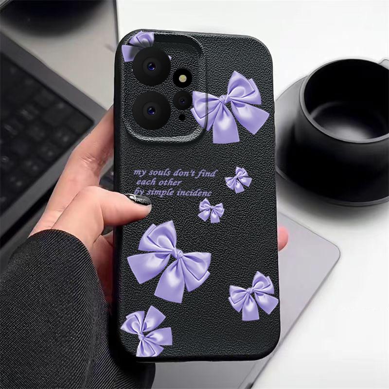 Purple Bowknot Print Leather Texture TPU Matte Case For Xiaomi 13T Poco X6 M6 Redmi Note 14 Pro 13 12 11 Lens Protection Soft Shockproof Phone Cover