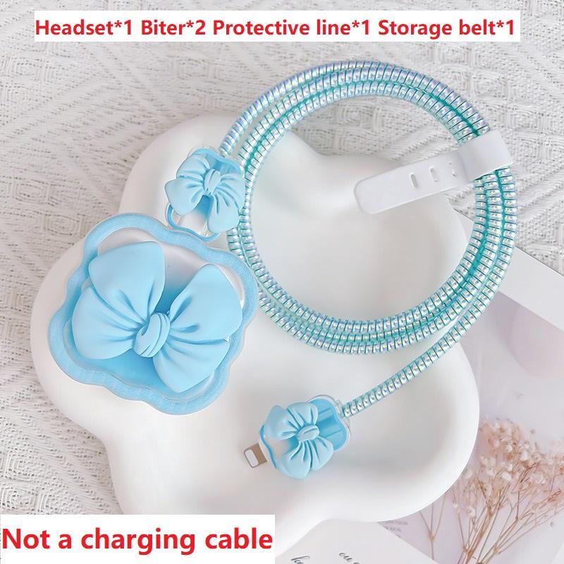 Wavy Bowknot Charger Protector for IPhone 17 16 15 18W 20W TPU Transparent Soft Protective Cable Cover Winder Kit RXQ12