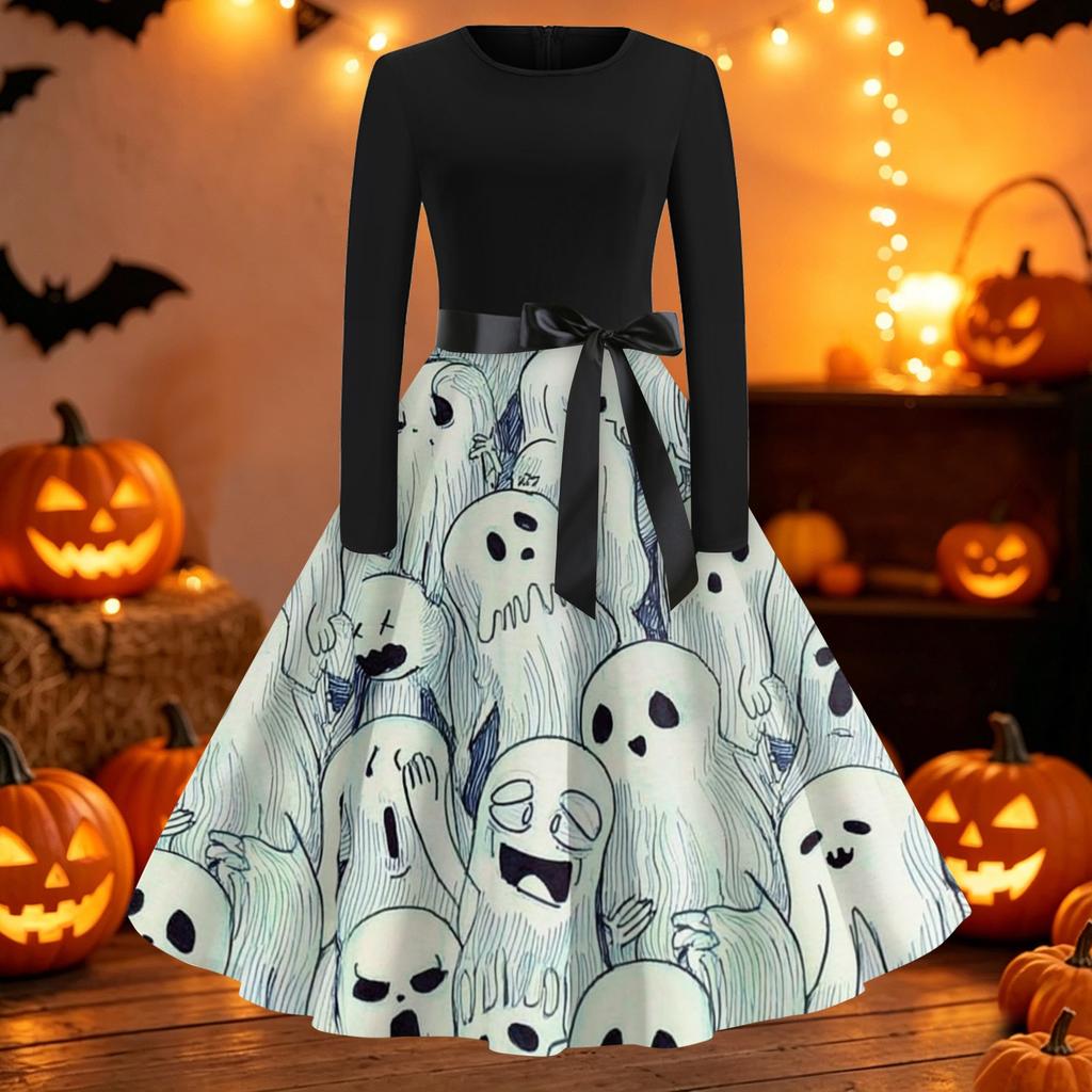 Women's Vintage Round Neck Dress with Halloween Print for Casual Fall Outings