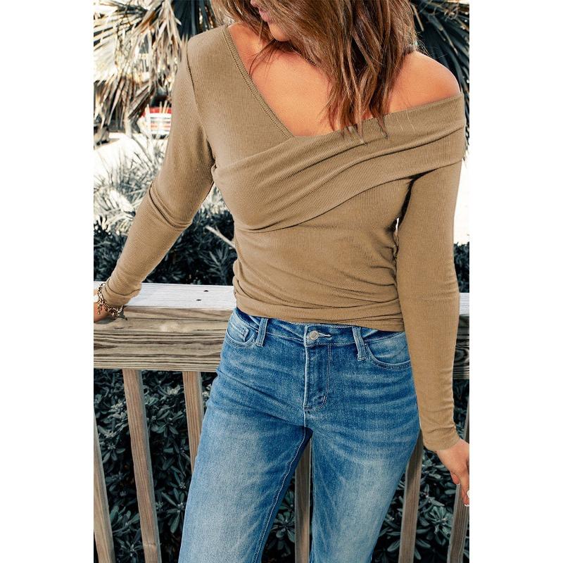 Women S Long Sleeve One Shoulder Solid Wrap T Shirt