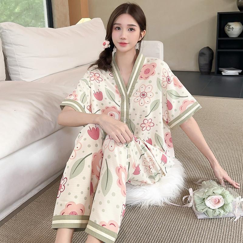 Summer short-sleeved bubble cotton yarn pleated pajamas female Internet celebrities popular trousers loungewear set