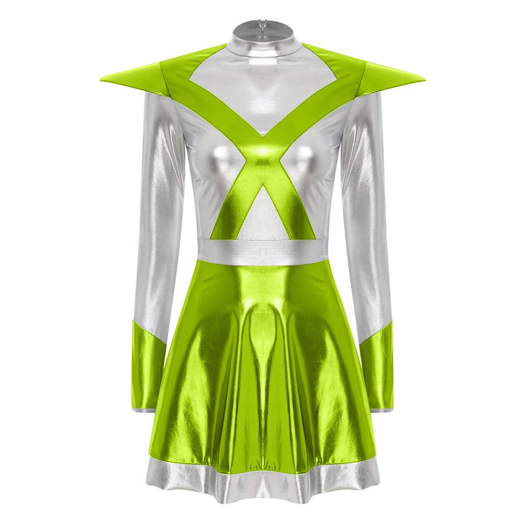Vestito Cosplay da Astronauta Aliena da Donna Manica Lunga Design con Patta Colore a Contrasto Metallico Lucido Vestito Spaziale