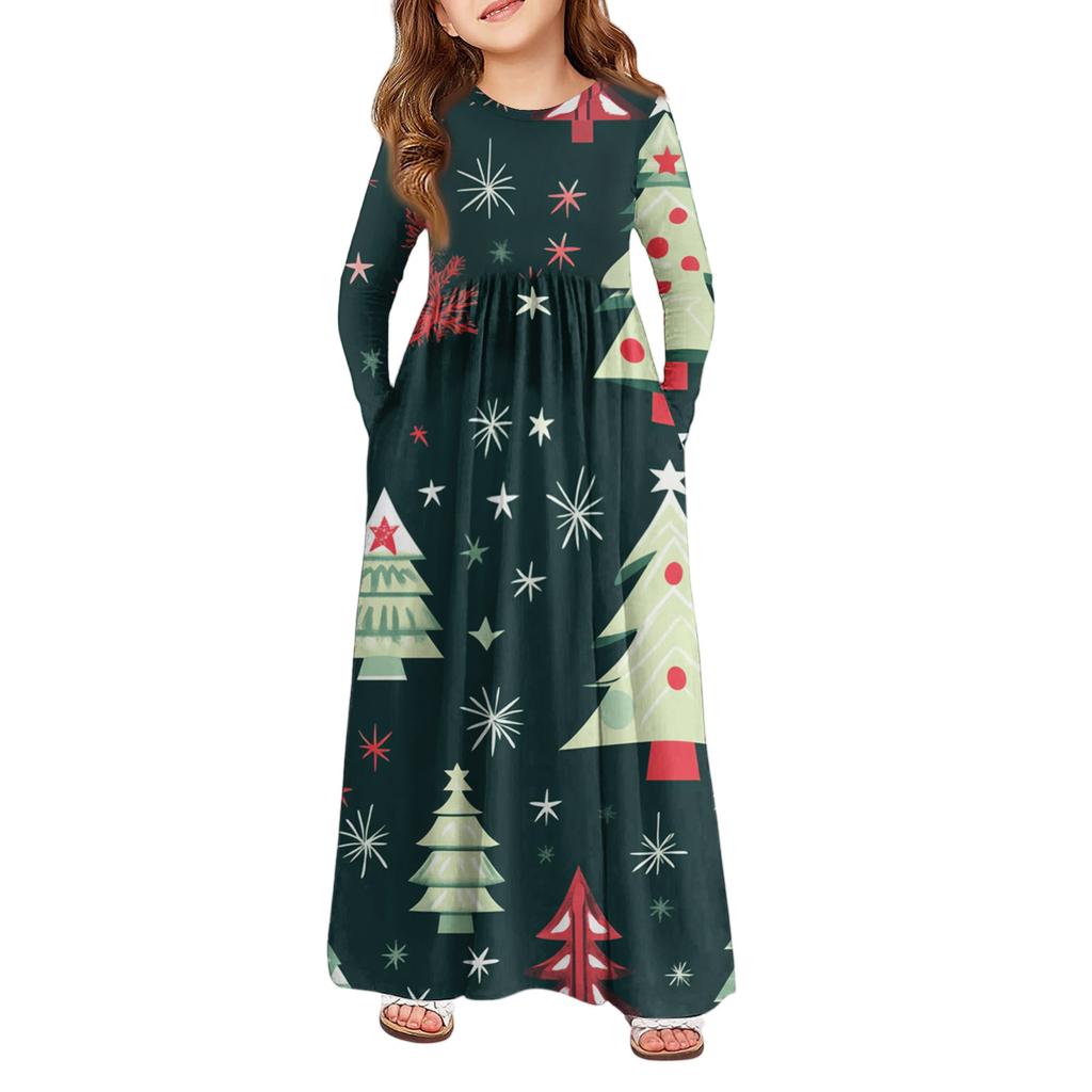 Girls' Maxi Dress - Long Sleeve Pocket Dress Christmas Day