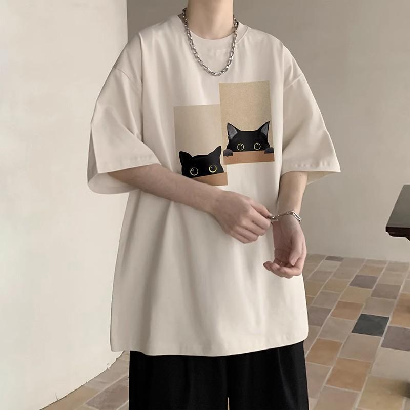 Men's Short-Sleeve Cotton Loose Print Round Neck Tee