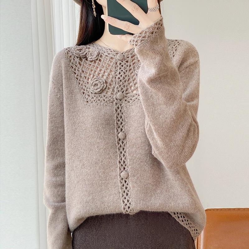 Autumn Style Heavy-Duty Crochet Knit Wool Cardigan: Women's Fashionable Hollow-Out Sweater Coat, Solid Color.