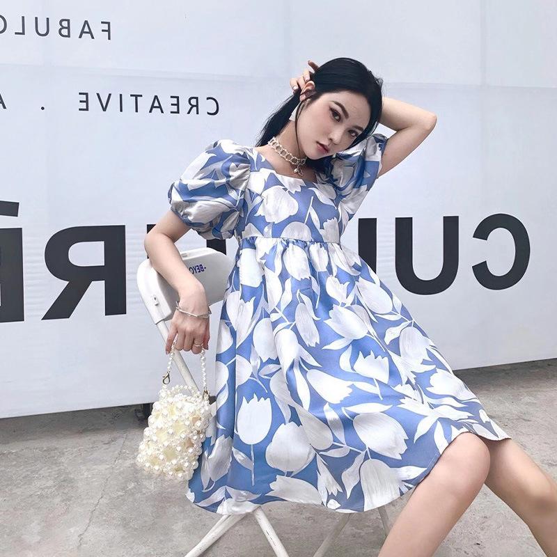 

French light luxury artistic temperament chic niche high-end square neck bubble sleeve floral dress children s summer M [recommended 40-50kg ] синий