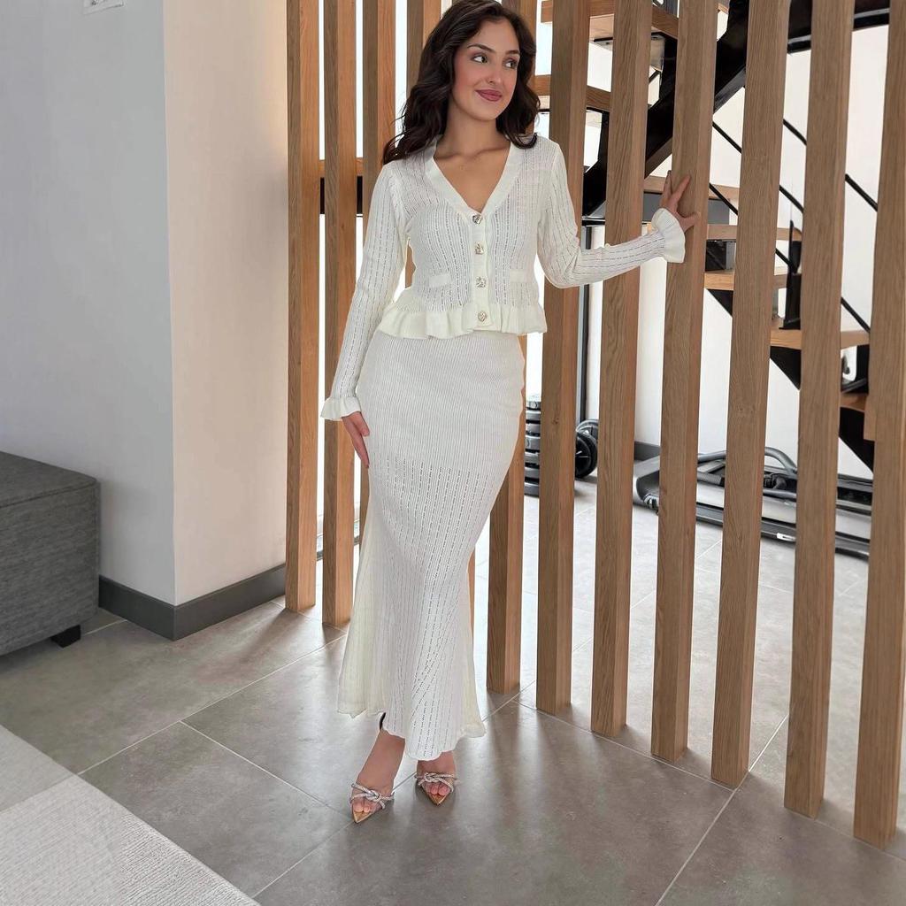 2025 Autumn Women's V-Neck Knitted Top & Midi Skirt Set