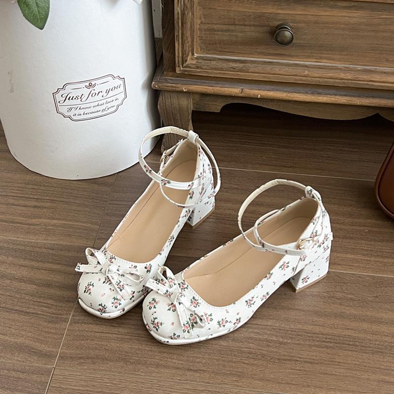 Fashion retro square head bow thick heel Mary Jane shoes women's summer lady versatile temperament new single shoes