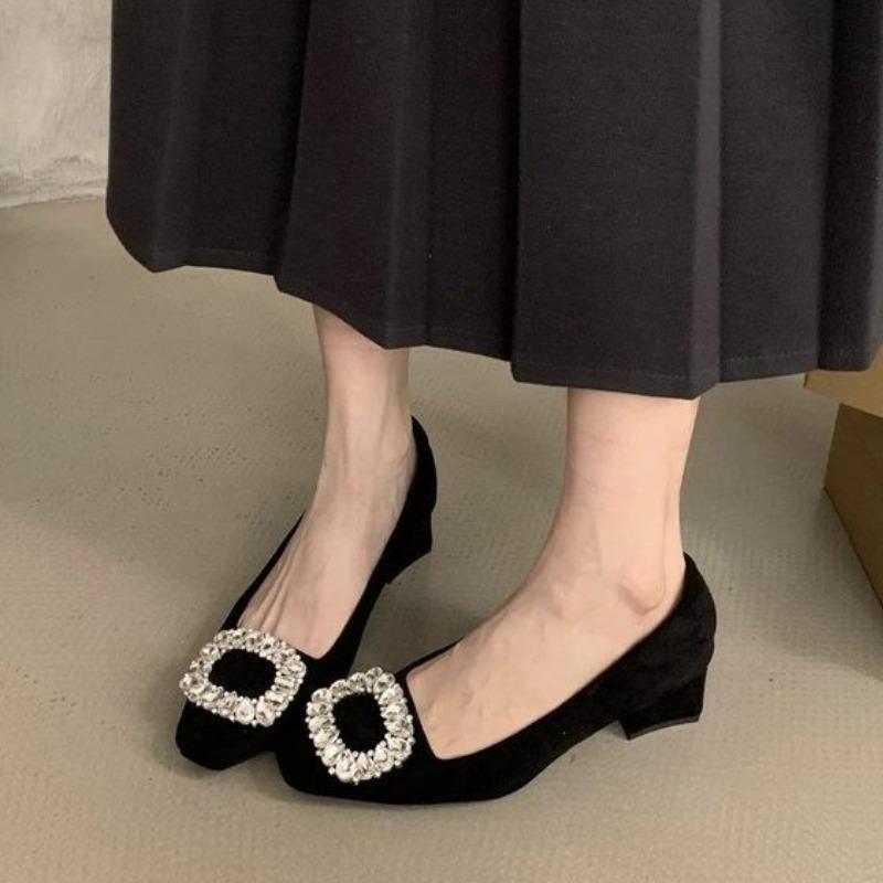 

Newest Fashion Arrival Elegant French Style Women s Flats Rough Heels Black Loafers for Commuting Spring Autumn Zapatos Mujer 35 чёрный