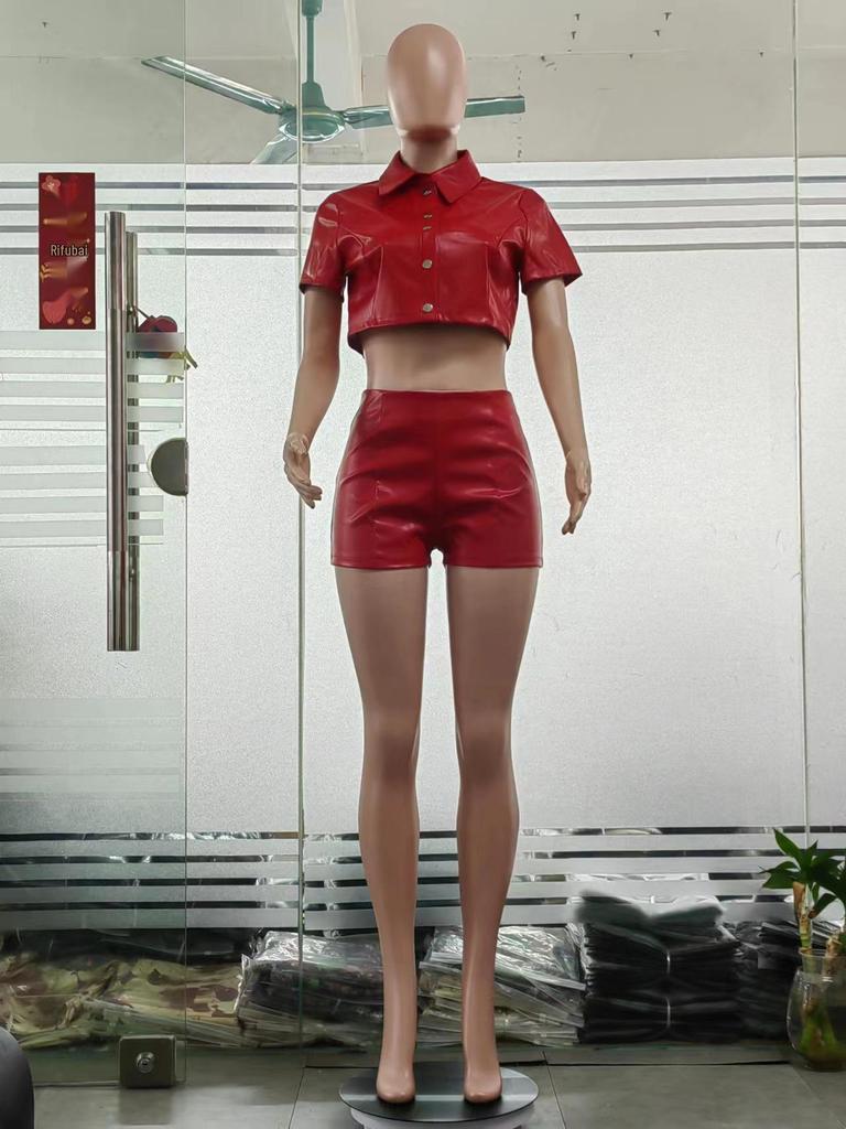European & American Women's 2023 Leather Jacket and Faux Leather Shorts Set