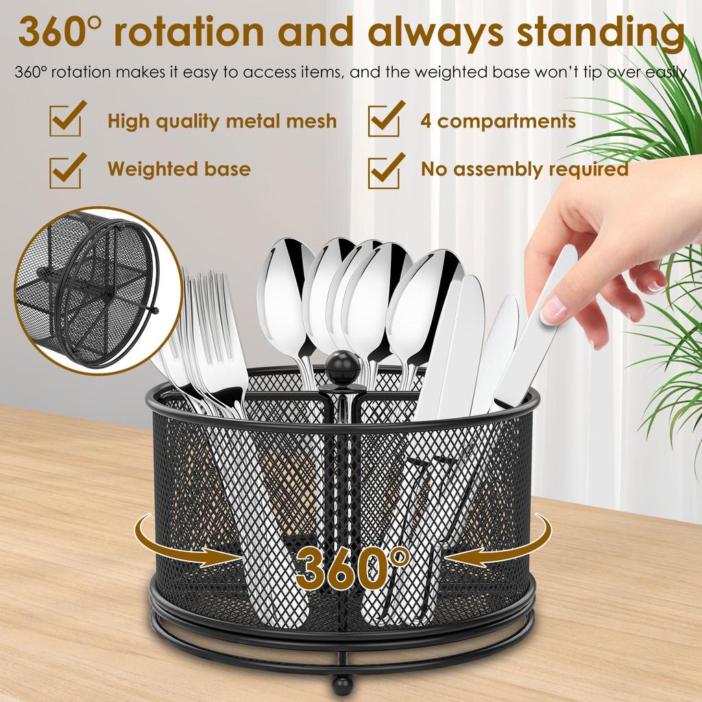 360°Rotating Utensil Caddy Kitchen Utensil Holder 6.7×6.7×5.1 Inch Metal Utensil Organizer 4-Compartment Metal Utensil Caddy