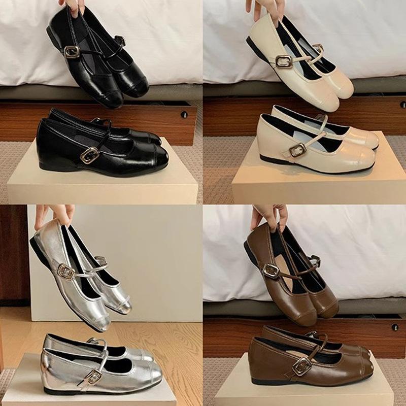 New Summer Round Toe Light Mouth Silver Small Leather Shoes Flat Sole Heightened Soft Sole Mary Jane Single Shoes for Women