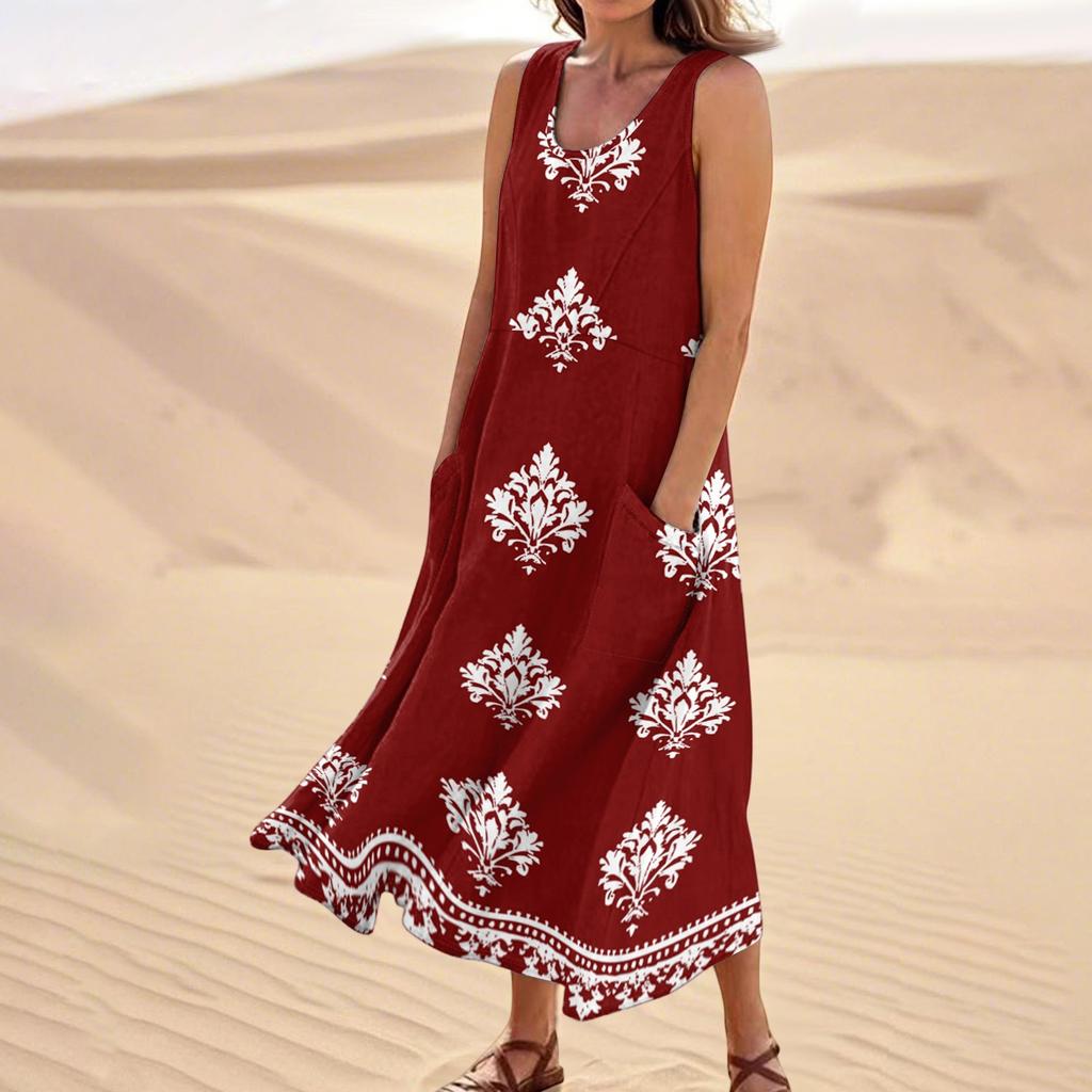 Women's Summer Casual Fashion Flower Printed Sleeveless  Pocket Dress