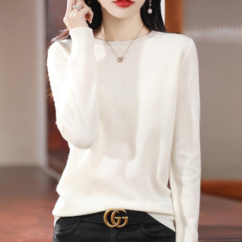 Women's 100% Wool Round Neck Long Sleeve Loose Fit Sweater