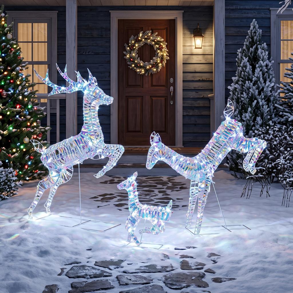 3-Piece Lighted Reindeer Family Set, Iridescent Christmas Decor