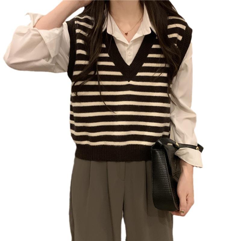 Damen V-Ausschnitt Gestreifte Strickweste Frühher Herbst Weicher Lässiger Stil Pullover