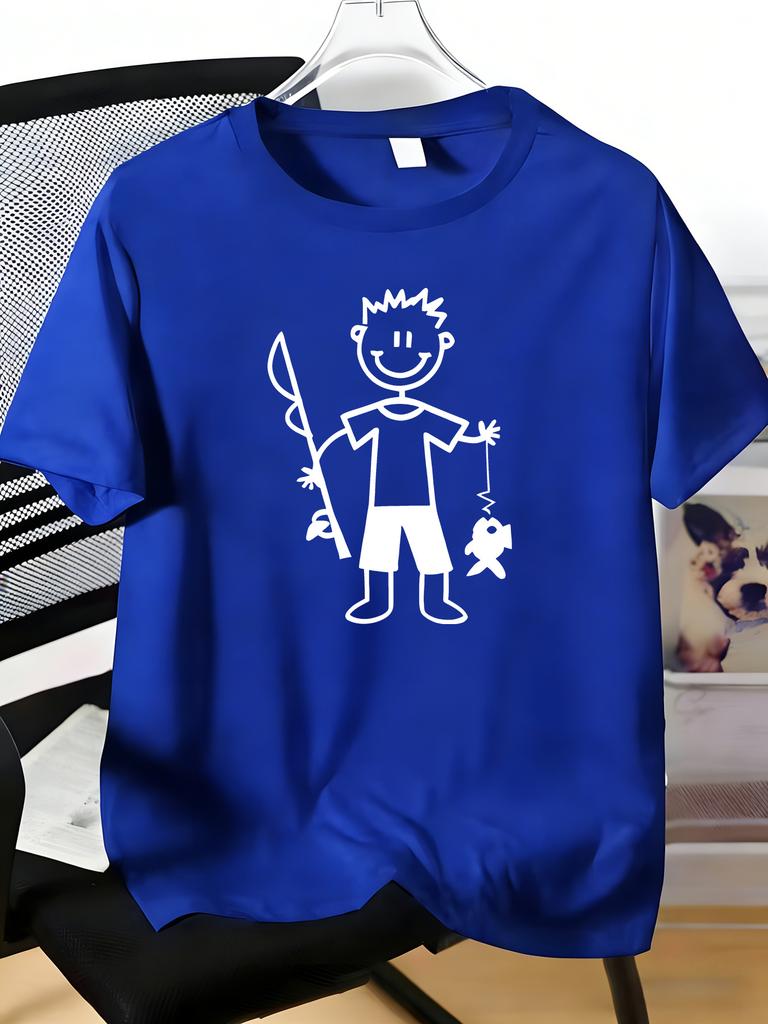 Unisexs Tee Stick Figure Fishing Boy Line Art Print Cotton Short Sleeve Male Casual Streetwear Outdoor Daily Basic Fashion Top