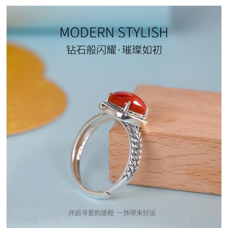 Adjustable Open Ring With Square Wheat Motif Red Agate Or Amber Inlay Vintage Bohemian Style Copper Jewelry Men Women