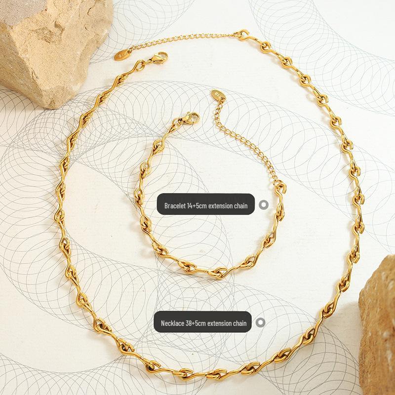 Heavy Industry-Inspired Gold-Plated Necklace & Bracelet Set with Hook-Shaped Spliced Titanium Steel Chain