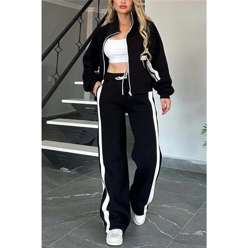 Tuta Sportiva da Donna 2 Pezzi Giacca a Zip Strisciata + Pantaloni a Gamba Larga con Coulisse Striscia Laterale a Contrasto Outfit Sportivo Casual Coordinato