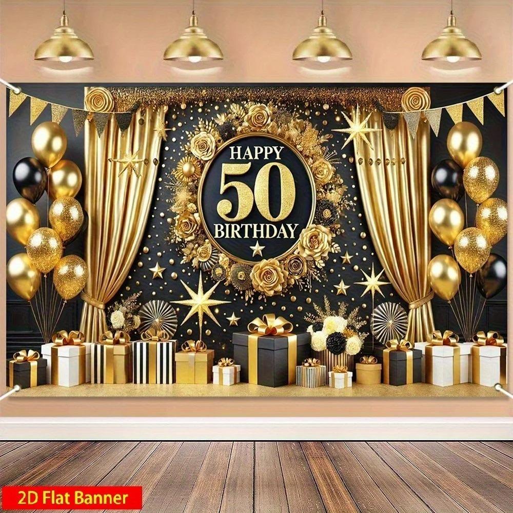 Black and Gold Balloon Gift Themed Banner Photography Backdrop Adult 50th Birthday Party Home Decoration Photography Backdrop