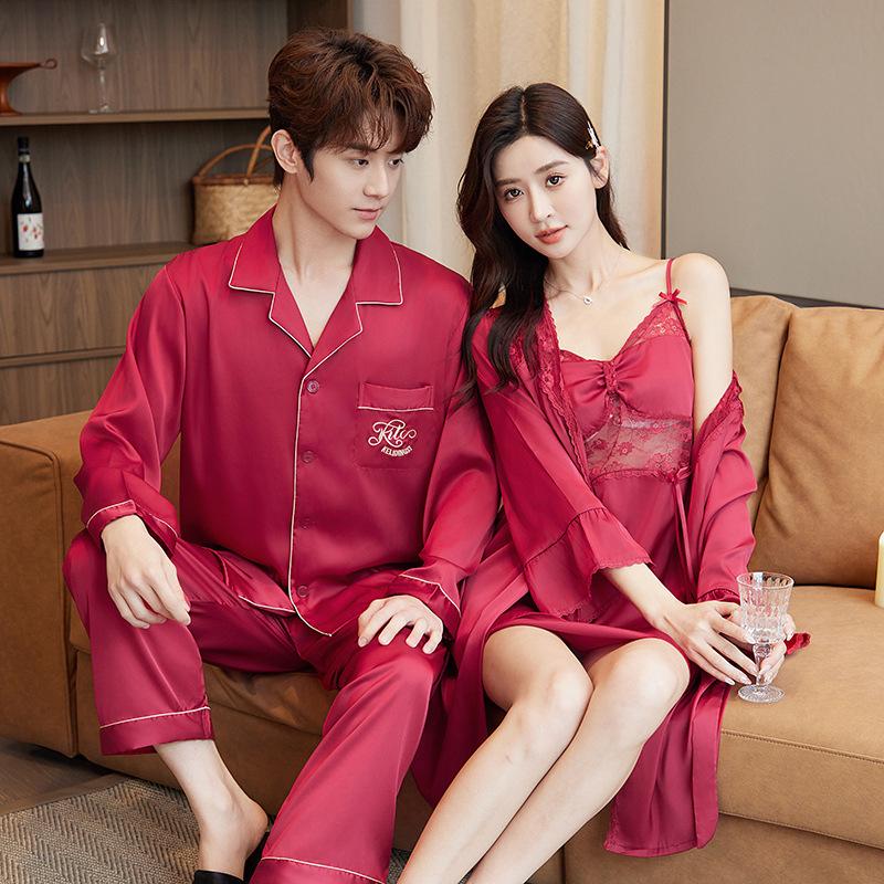 Spring and Autumn Pajamas Ice Silk Women's Long-sleeved Sexy Lace Suspender Chest Pad Nightgown Summer Morning Robe Men's Loungewear Suit
