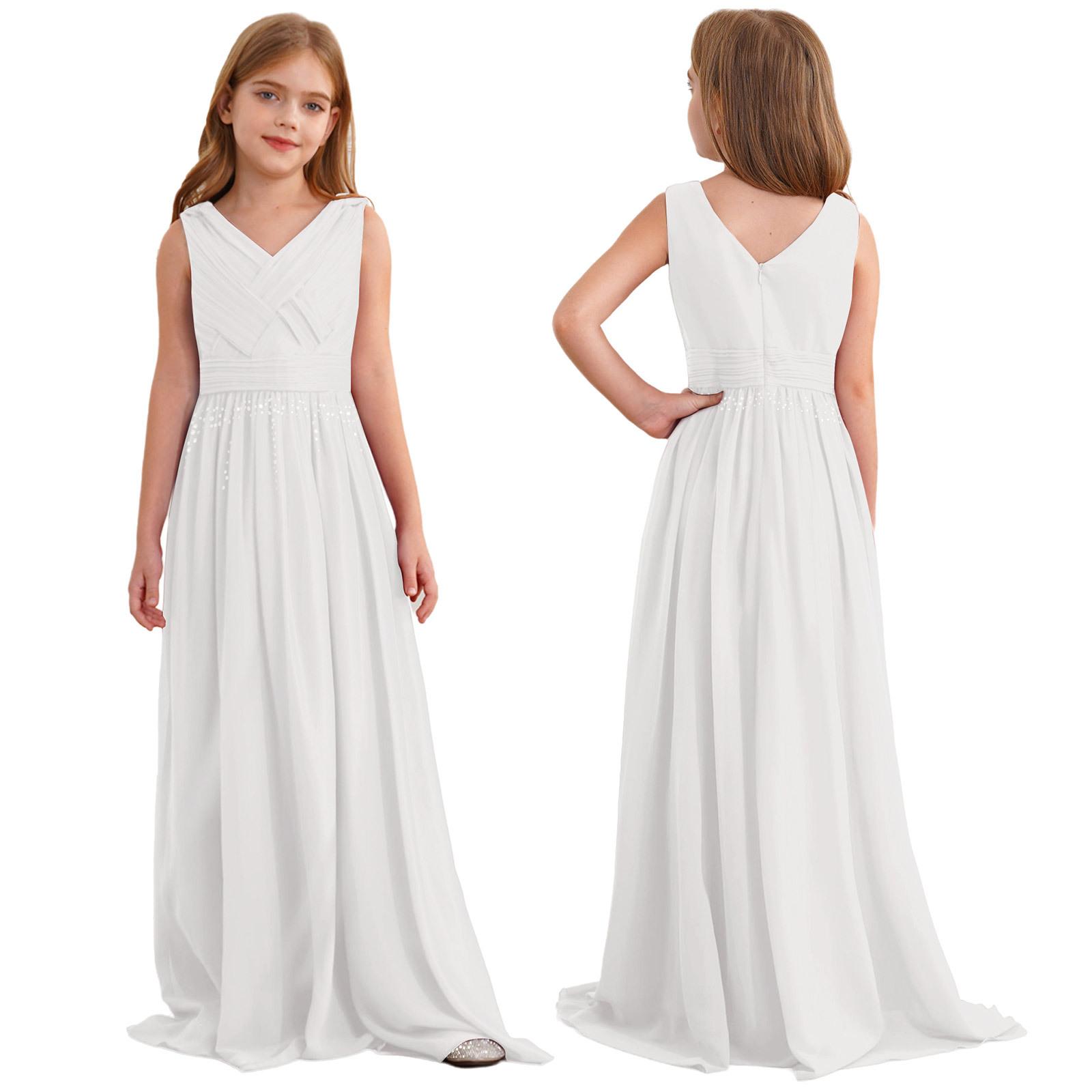Glänzendes Partykleid für Mädchen, V-Ausschnitt, ärmellos, gerafft, verwoben, Chiffon, langes Kleid für Hochzeit, Cocktail, Blumenmädchen 5-6 Years elfenbein