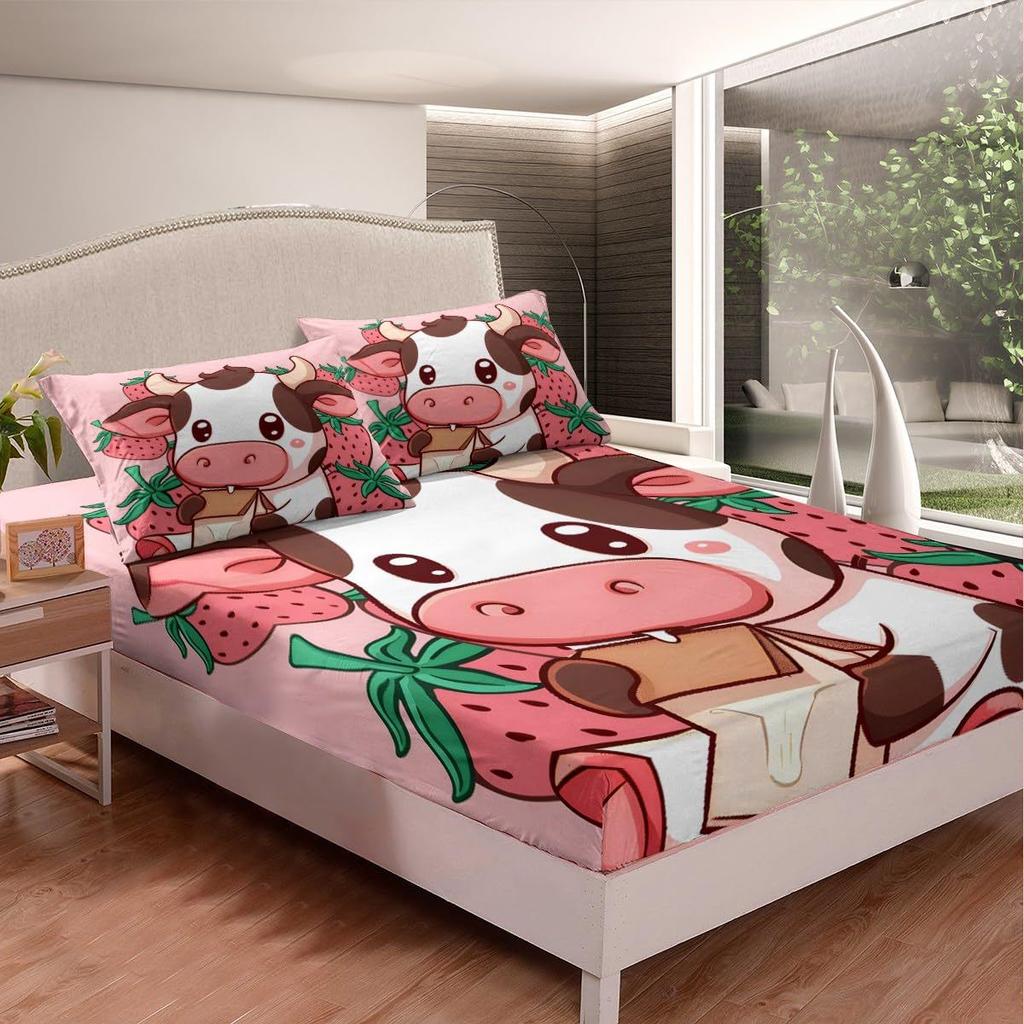 Cartoon Strawberry Cow Pattern Bed Hat Four-Piece Bedding Set Bedroom Dormitory Bedding Decoration