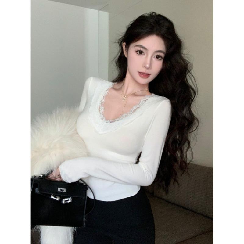 Spring Autumn V-neck Sexy Fashion Lace Patchwork Slim Tee Women Long Sleeve Slim All-match Pullover T-shirt Solid Top