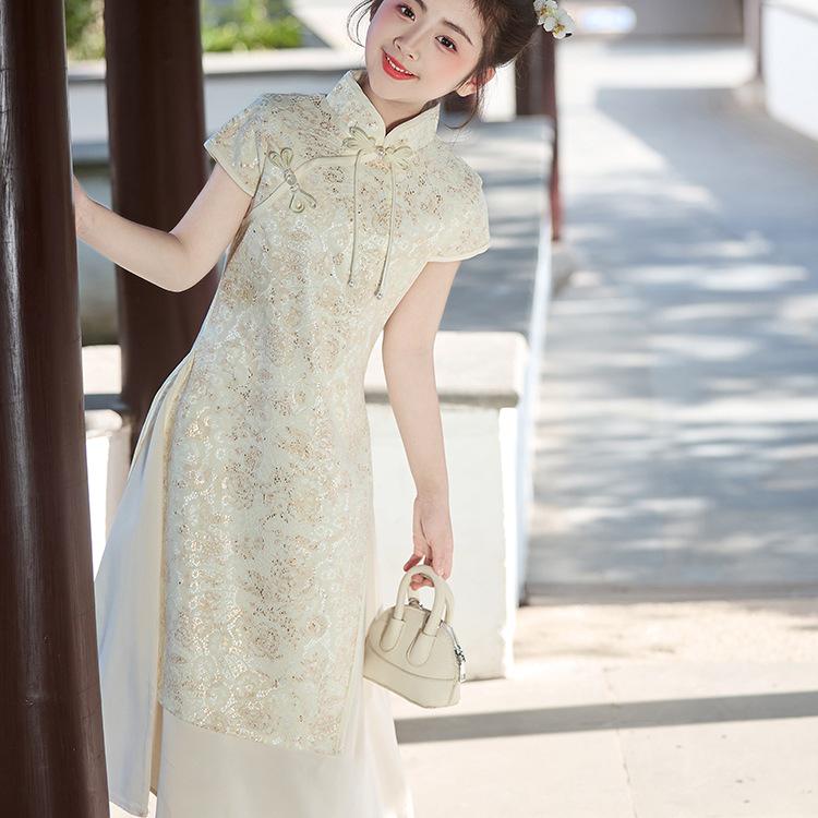Girls' Chinese Style Evening Dress - Summer Cheongsam for Performances and Birthdays.
