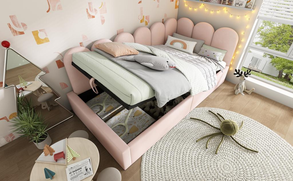 Letto Divano Imbottito 90x190 cm, Divano Letto con Contenitore Idraulico, Letto per Bambini con Rete a Doghe in Metallo, Velluto, Rosa, senza Materasso