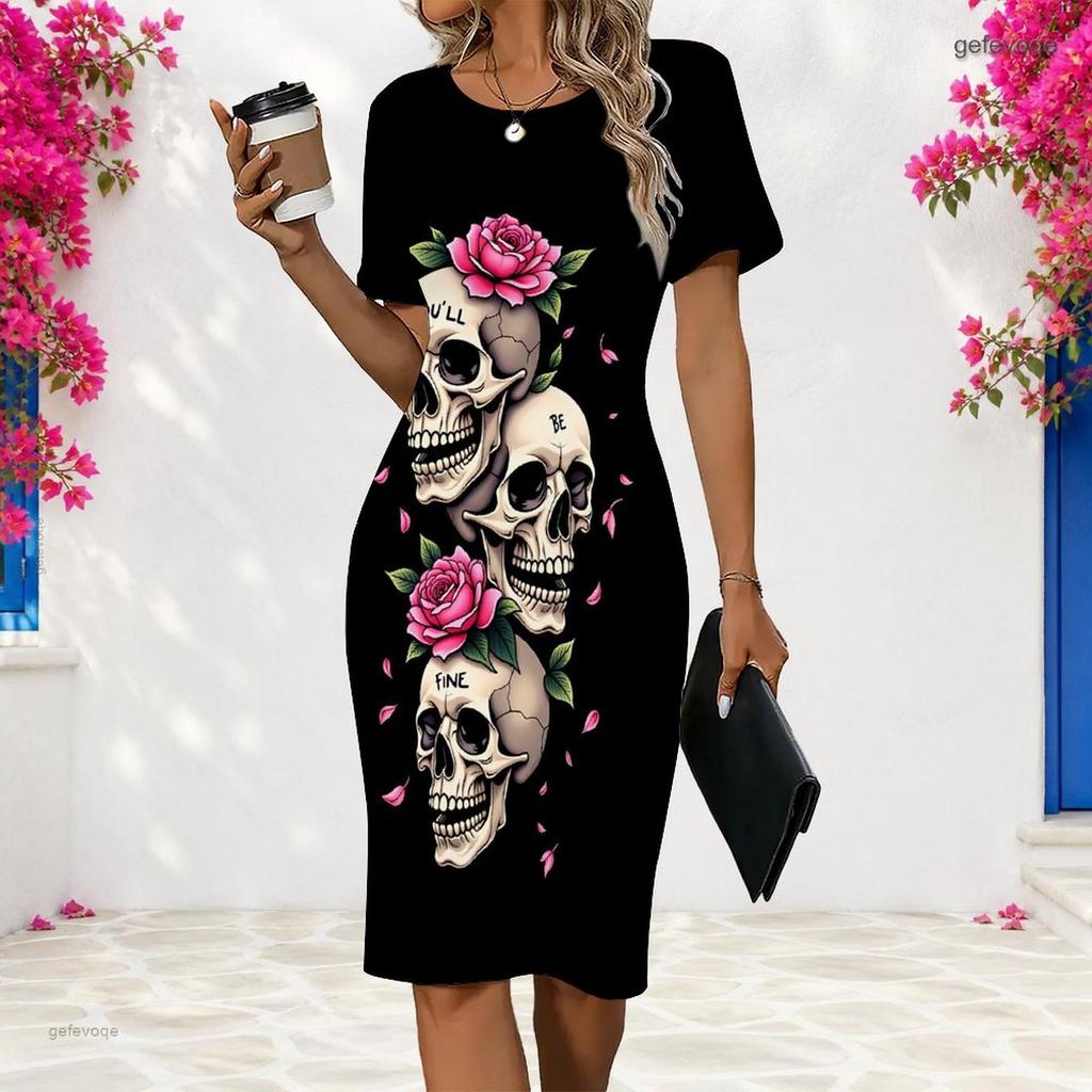 Women Plus Size Short Sleeve Round Neck Black Skull Rose Printed Fitted Dress