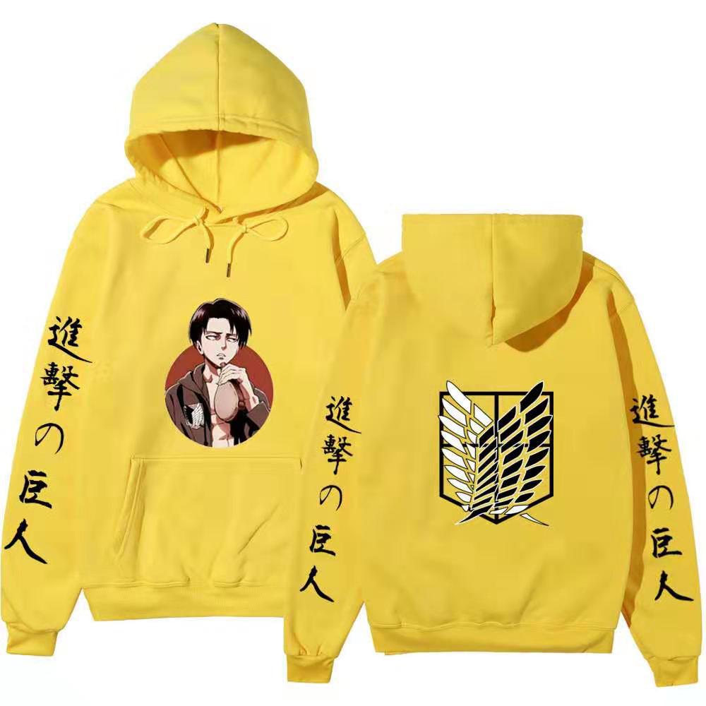 Attack On Titan Levi Ackerman Hoodie Unisex Fleece Sweatshirt, Front Character Print, Back Wings Logo, Japanese Sleeve Text, Autumn Winter Pullover