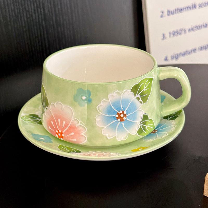 Girls High-Value Flower Mug Office Ceramic Coffee Cup Underglaze Color Afternoon Tea Coffee Cup Saucer Set