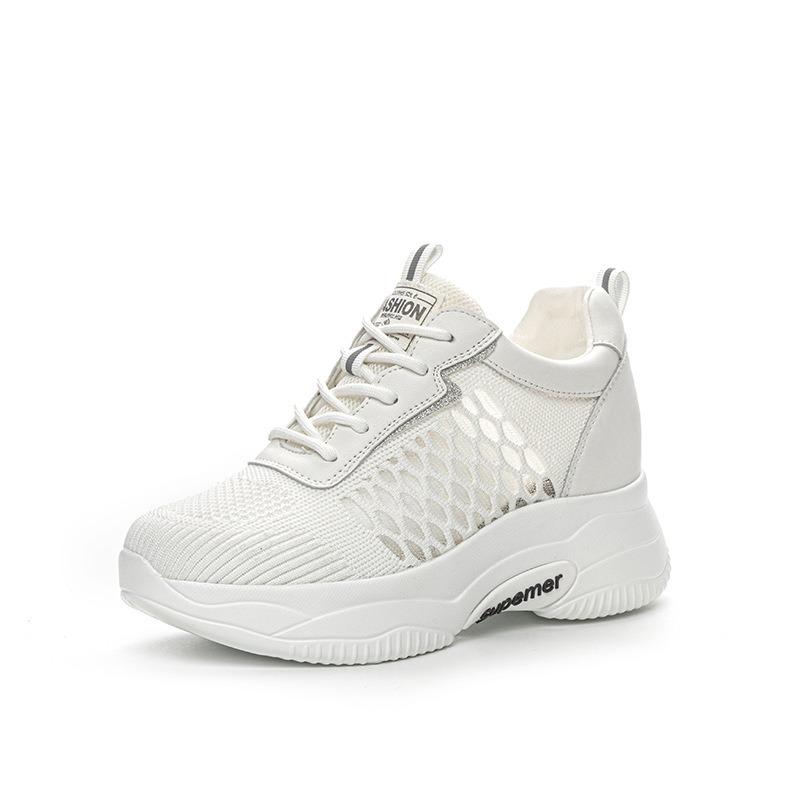 Spring new slope heel muffin platform casual shoes inner height increase women's shoes small white shoes flying woven breathable