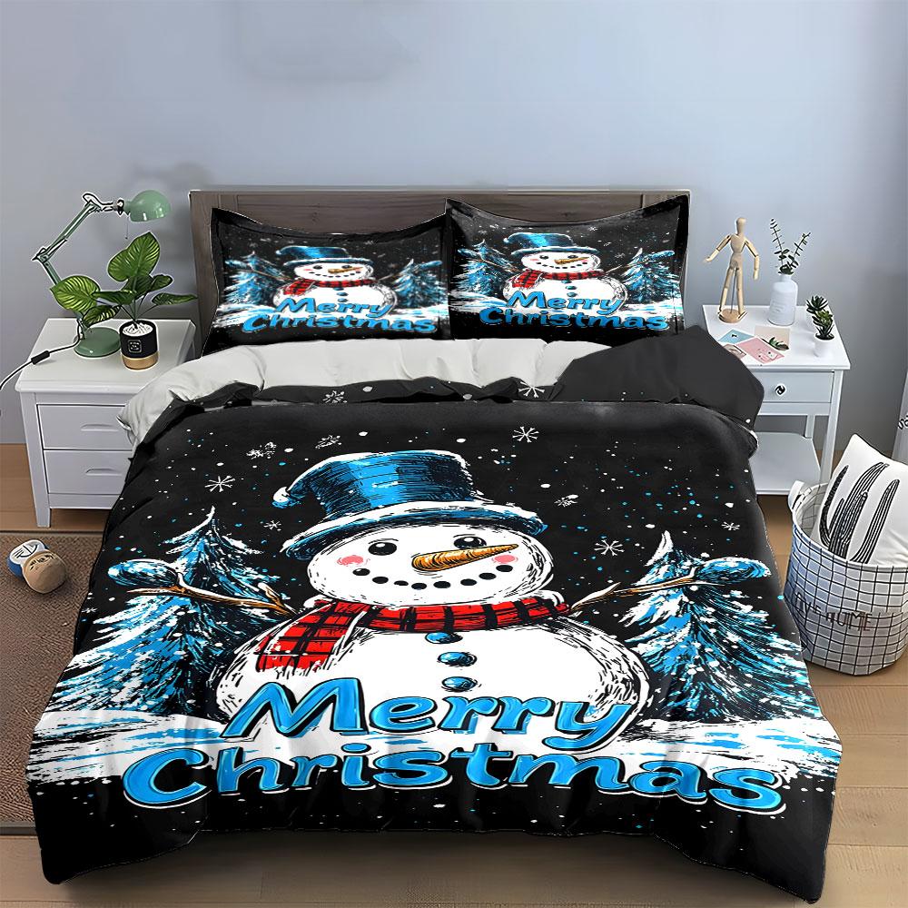 Snowman Merry Christmas Design Bedding Duvet Cover Set Duvet Cover Pillowcases (1*Duvet Cover 2*Pillowcases, Without Duvet Insert)