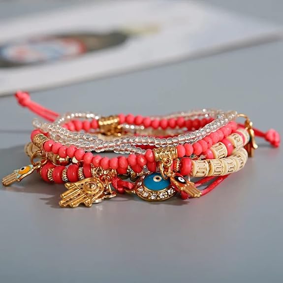Multilayer Hamsa Hand Evil Eye Lucky Protection Bracelets Multicolor Crystal Charm Beaded Bracelet for Women Girls