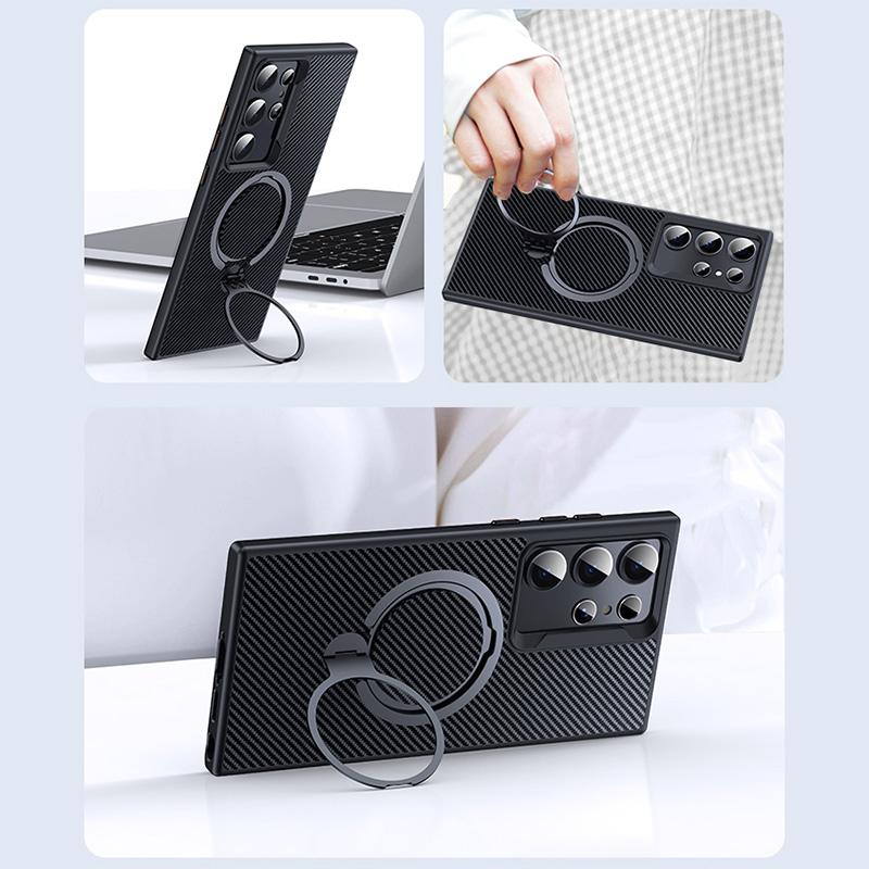 For Samsung Galaxy S24 Ultra Magnetic Case Carbon Fiber Texture Ring Kickstand Phone Cover
