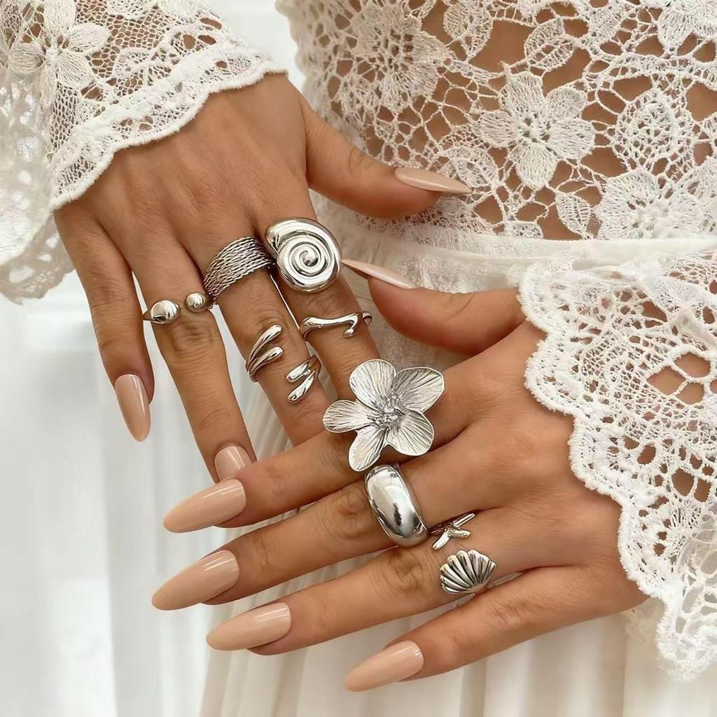 European & American Seashell Starfish Flower Ring Set - Textured Metal Open Rings with Exaggerated Style