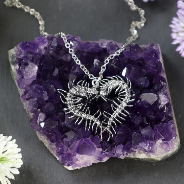 Goth Sliver Color Centipede Millipede Hollow Out Heart Shape Pendant Necklace Dangle Earrings for Women Halloween Witch Jewelry